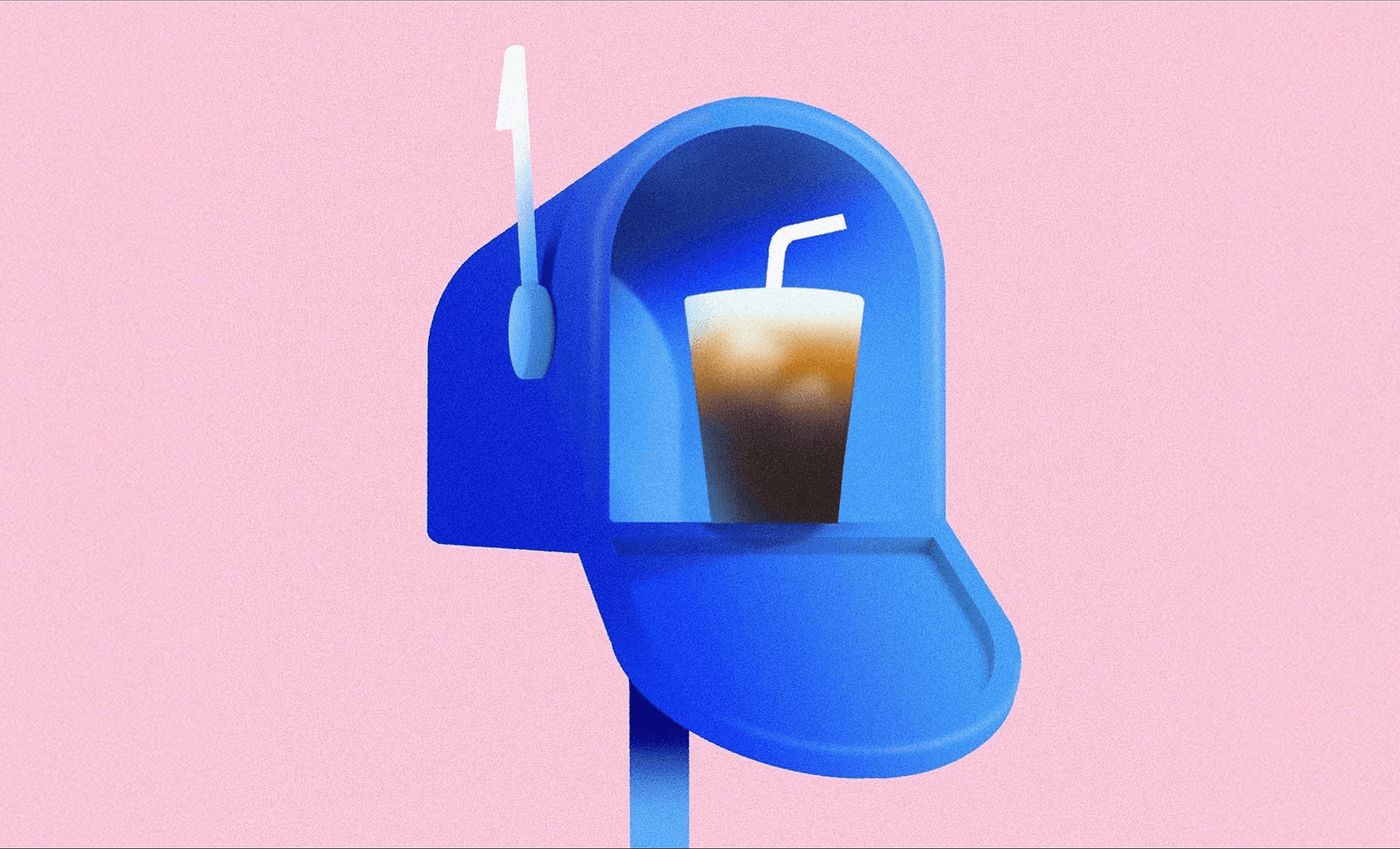 Illustration of a blue mailbox with an iced coffee inside